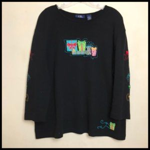 Holiday Gifts & Bows Applique Front & Sleeves 100% Cotton Top Sz XL